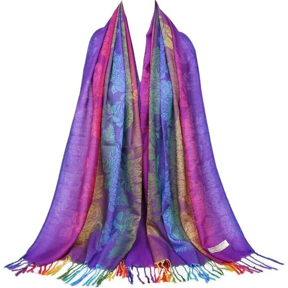 Colorful Flowers Jacquard Cotton Pashmina Women’s Wrap Shawl with Tassels Scarf - Picture 1 of 8